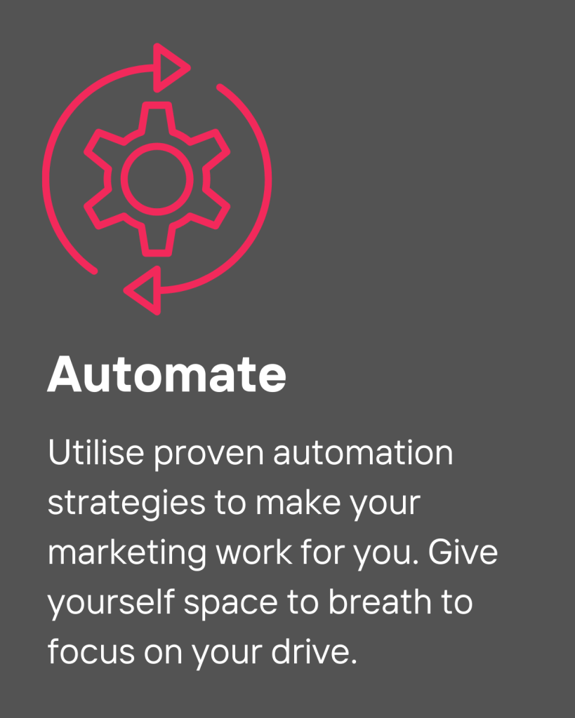 Utilise proven automation strategies to make your marketing work for you. Give yourself space to breath to focus on your drive.
